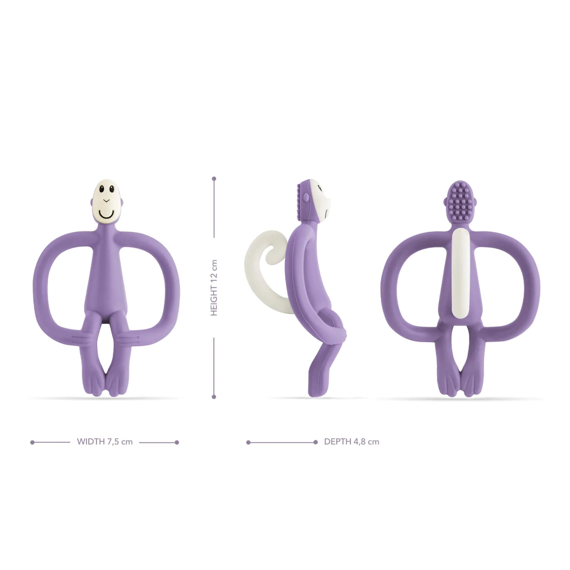A set of three views of a purple monkey-shaped teething toy, showing the front, side profile with a curled tail, and the textured applicator bumps on the back of the head.