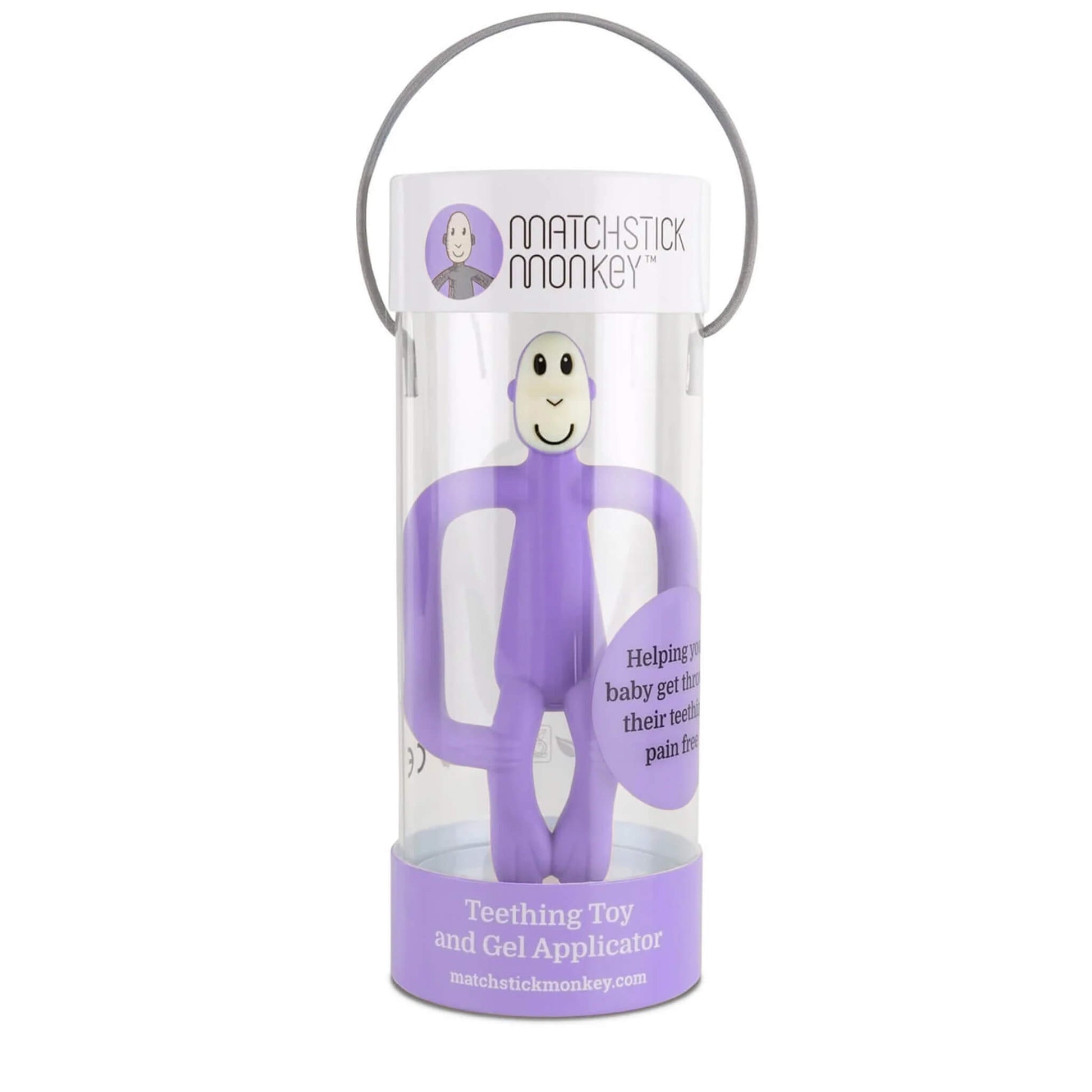 A purple monkey-shaped silicone teether displayed inside a clear cylindrical gift tube with a matching purple base and carry handle.