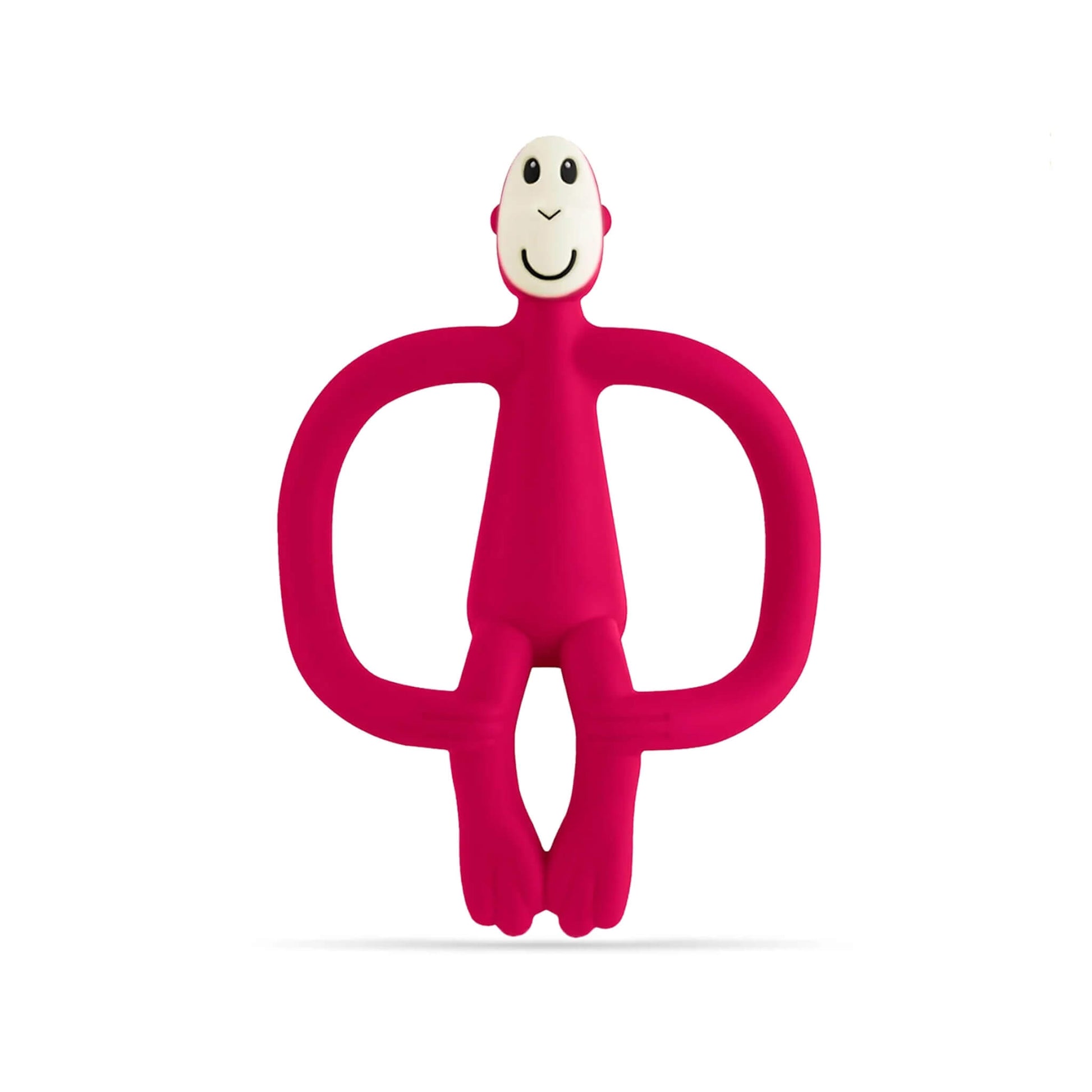 Rubine Matchstick Monkey Original Teething Toy shown upright with its wide looped arms, soft flexible legs and smooth rounded head, all made from textured silicone for teething babies.