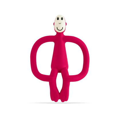 Rubine Matchstick Monkey Original Teething Toy shown upright with its wide looped arms, soft flexible legs and smooth rounded head, all made from textured silicone for teething babies.