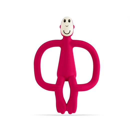 Rubine Matchstick Monkey Original Teething Toy shown upright with its wide looped arms, soft flexible legs and smooth rounded head, all made from textured silicone for teething babies.