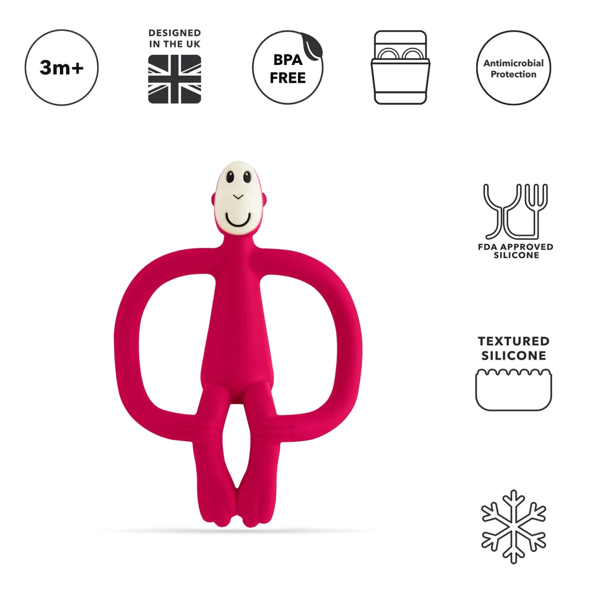 A rubine silicone monkey-shaped teether shown upright beneath icons highlighting age suitability, BPA-free material, dishwasher compatibility, antimicrobial protection and textured silicone details.