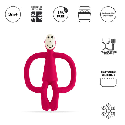 A rubine silicone monkey-shaped teether shown upright beneath icons highlighting age suitability, BPA-free material, dishwasher compatibility, antimicrobial protection and textured silicone details.