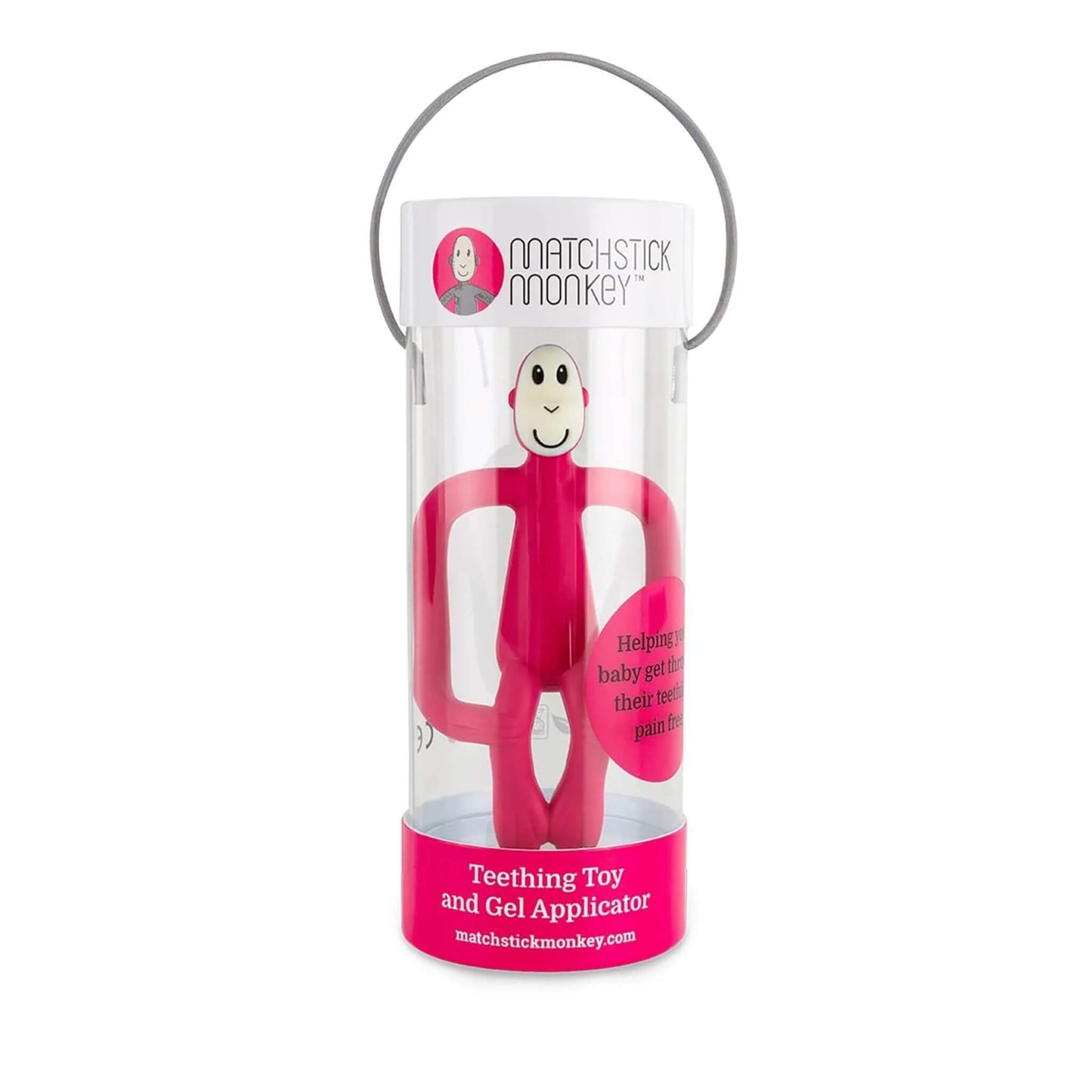 A rubine monkey-shaped teether packaged vertically inside a clear cylindrical gift tube with a handle.