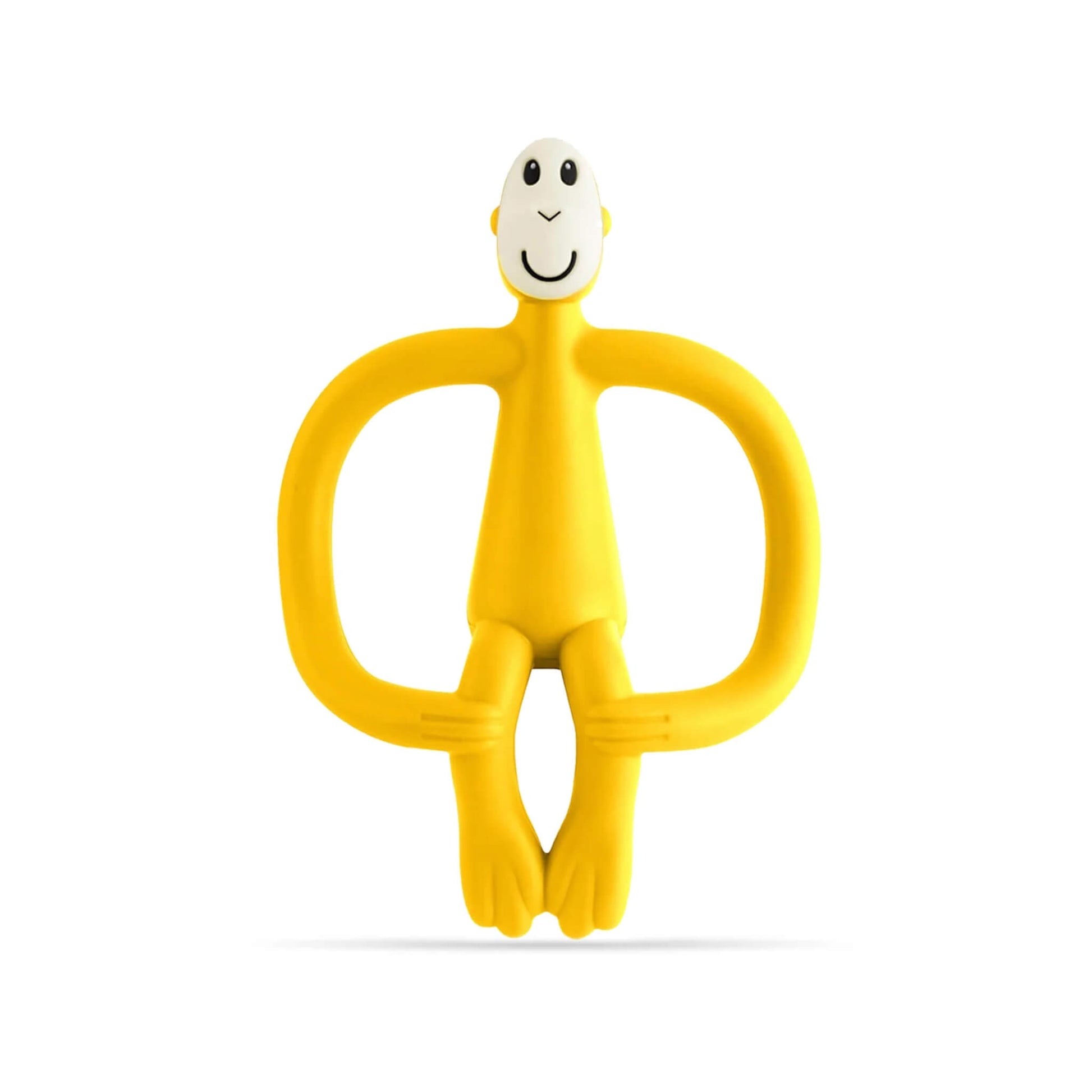Yellow Matchstick Monkey Original Teething Toy shown upright with its wide looped arms, soft flexible legs and smooth rounded head, all made from textured silicone for teething babies.