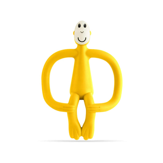 Yellow Matchstick Monkey Original Teething Toy shown upright with its wide looped arms, soft flexible legs and smooth rounded head, all made from textured silicone for teething babies.