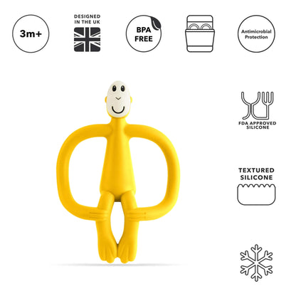 A yellow silicone monkey-shaped teether shown upright beneath icons highlighting age suitability, BPA-free material, dishwasher compatibility, antimicrobial protection and textured silicone details.