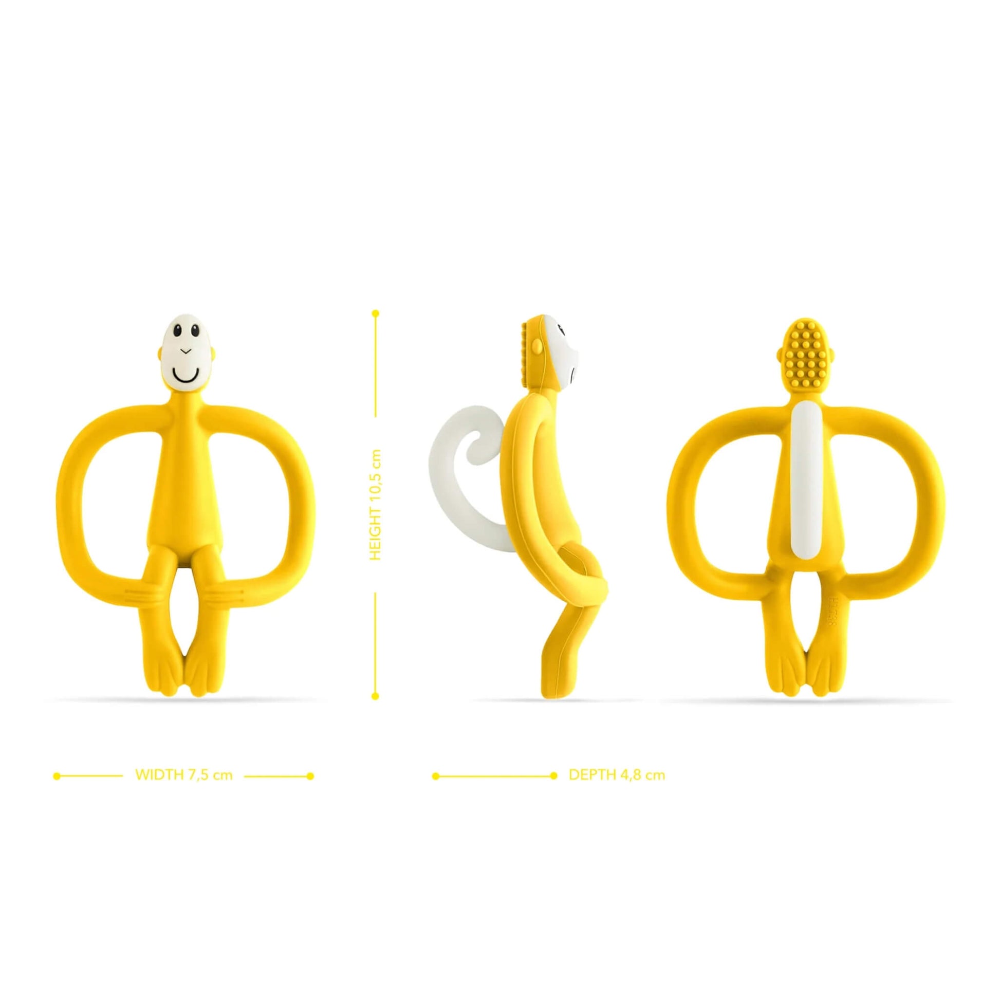 A yellow monkey-shaped teether displayed from the front, side and back to show height, width, depth and the textured toothbrush-style bumps on the back of the head.
