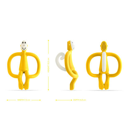 A yellow monkey-shaped teether displayed from the front, side and back to show height, width, depth and the textured toothbrush-style bumps on the back of the head.