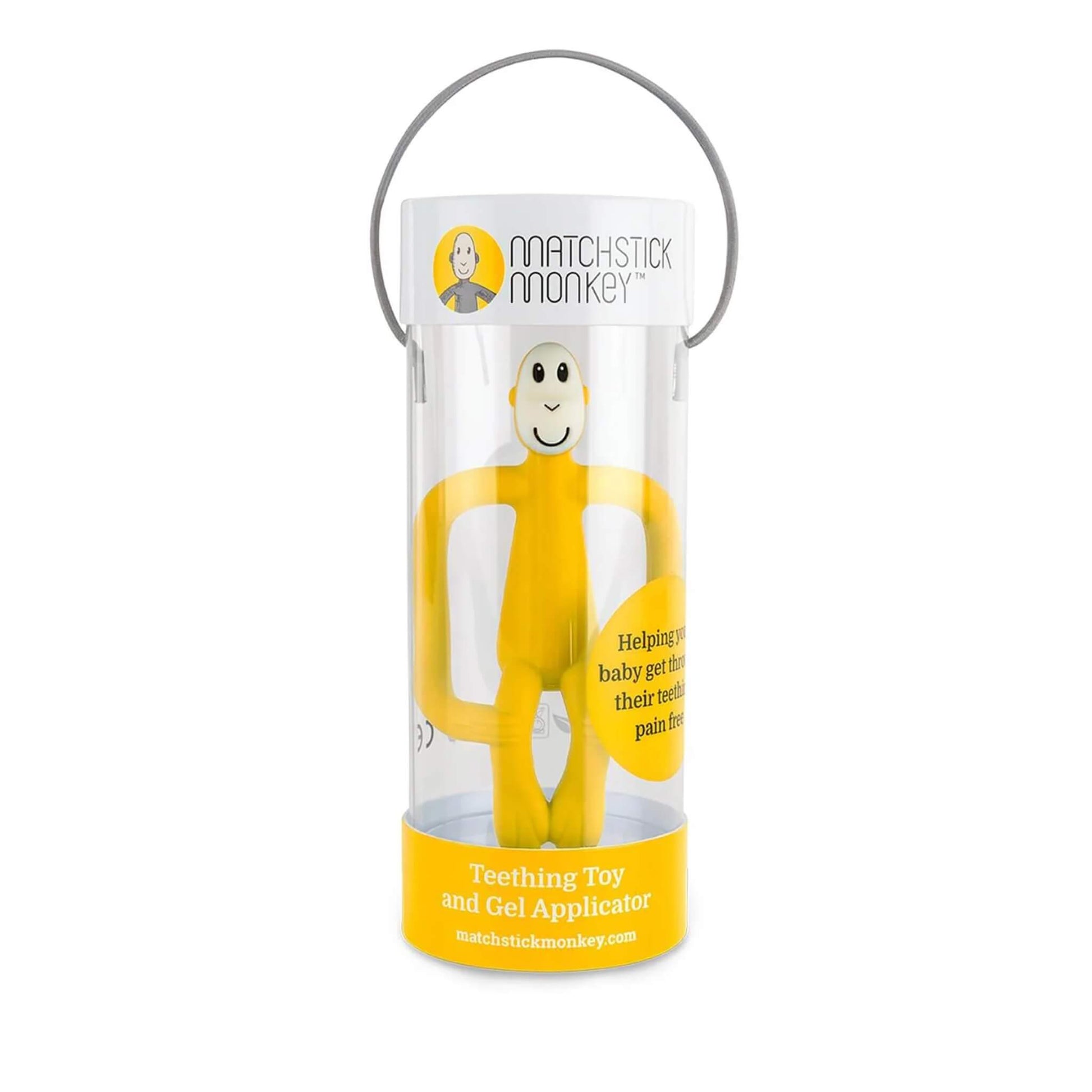 A yellow monkey-shaped teether packaged vertically inside a clear cylindrical gift tube with a handle.