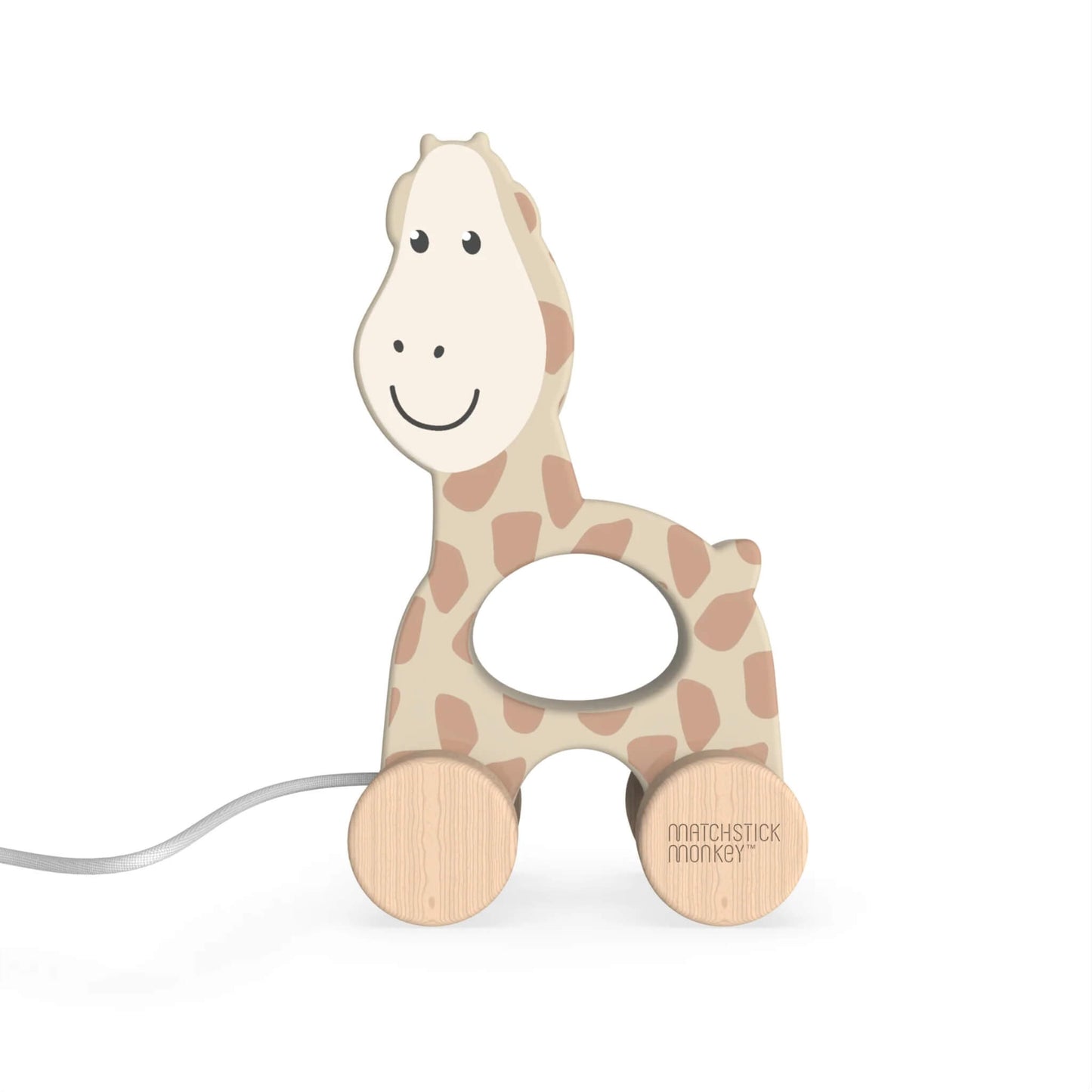 Matchstick Monkey Pull Along Giraffe Toy shown upright with a smooth wooden body, cut-out centre grip and four round wheels attached to a pull cord.