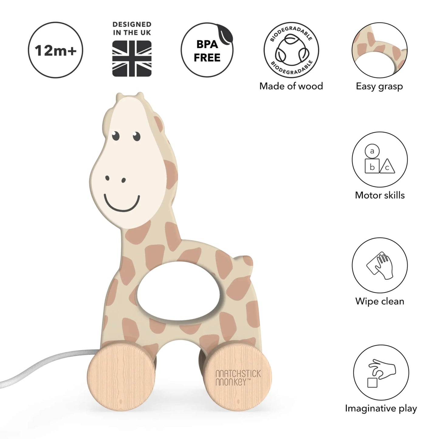 A wooden giraffe pull toy displayed against a white background, with icons showing age suitability, materials and key features such as easy grip and imaginative play.