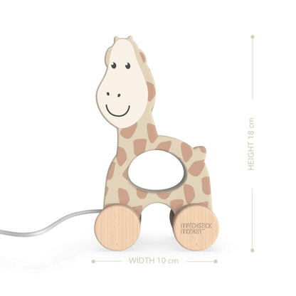 A wooden giraffe pull toy shown front-on with measurement indicators displaying the height and width of the toy on each side.
