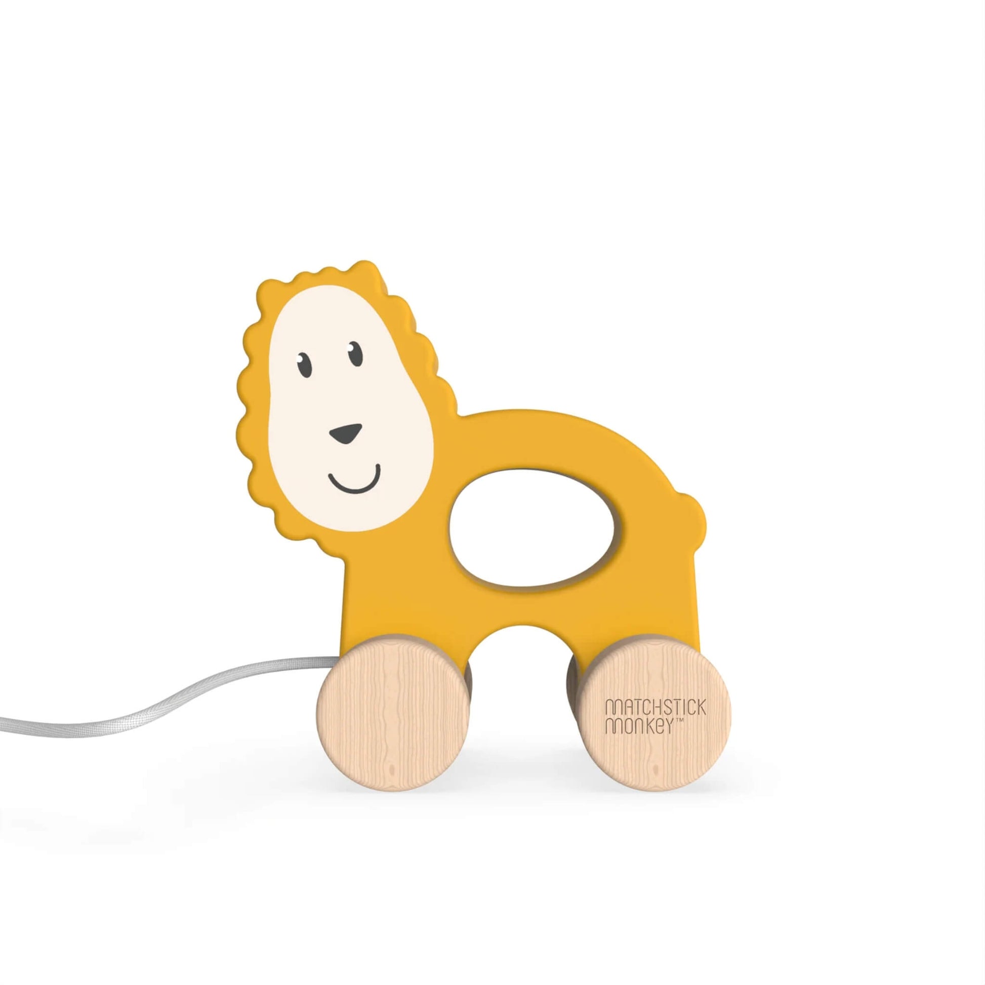Matchstick Monkey Pull Along Toy shown as a wooden lion-shaped pull toy with a cut-out centre, smooth beechwood wheels and a cotton pull cord on a plain background.