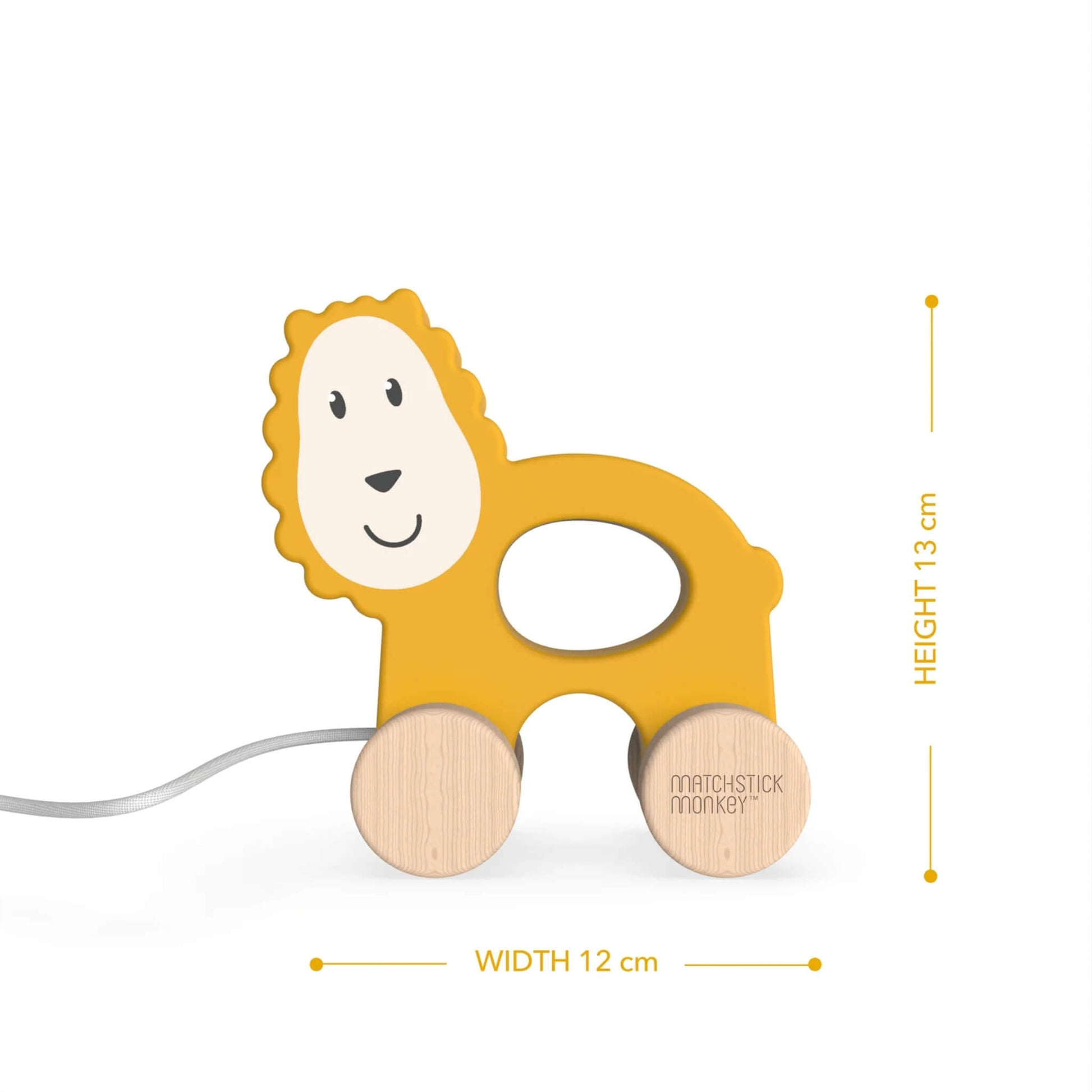 A wooden lion pull-along toy with a cut-out centre and beechwood wheels displayed with height and width measurements beside it.