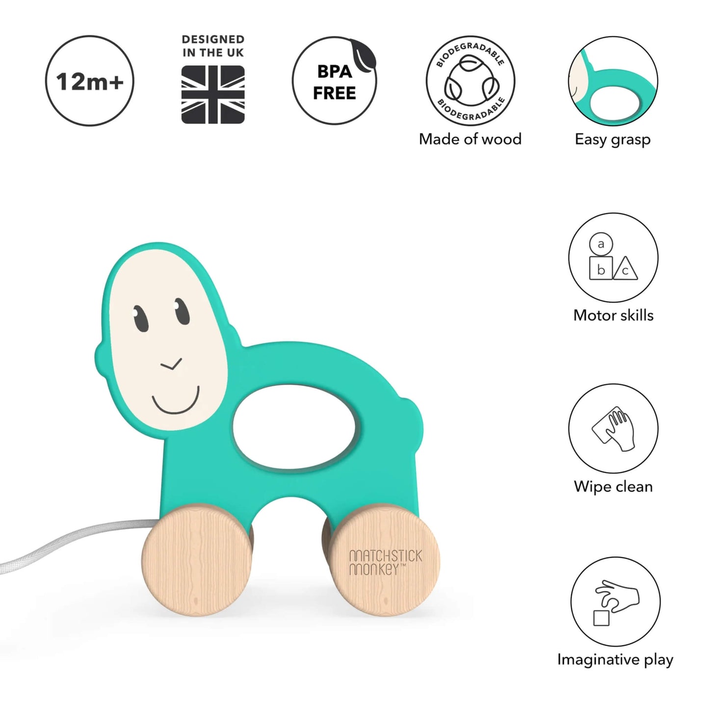 A turquoise monkey wooden pull-along monkey toy shown on a plain background with icons highlighting age guidance, materials and key features.