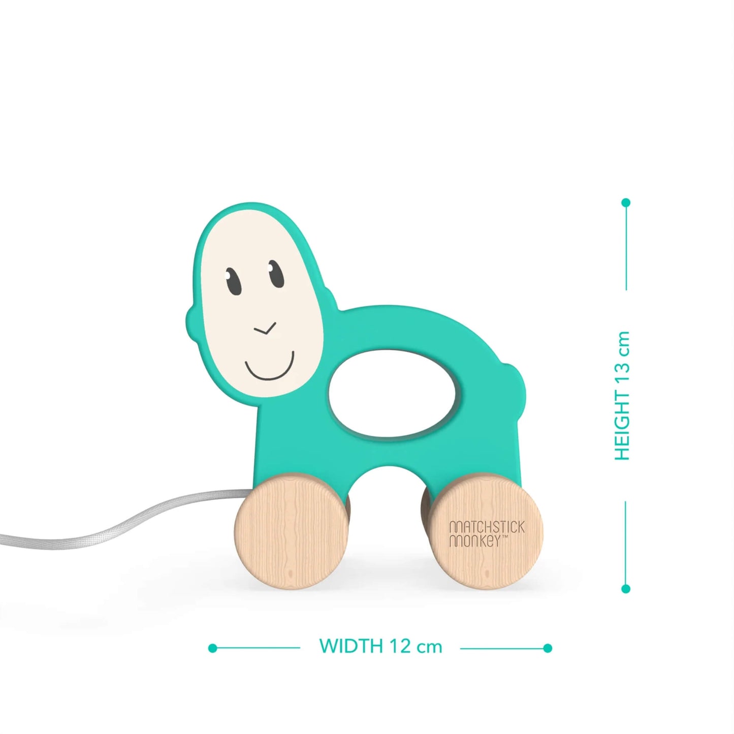 A turquoise wooden pull-along monkey toy displayed upright with measurement graphics showing the height and width.
