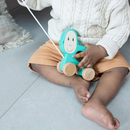 A toddler sitting on a light floor holding a turquoise wooden pull-along monkey toy by the cut-out centre.