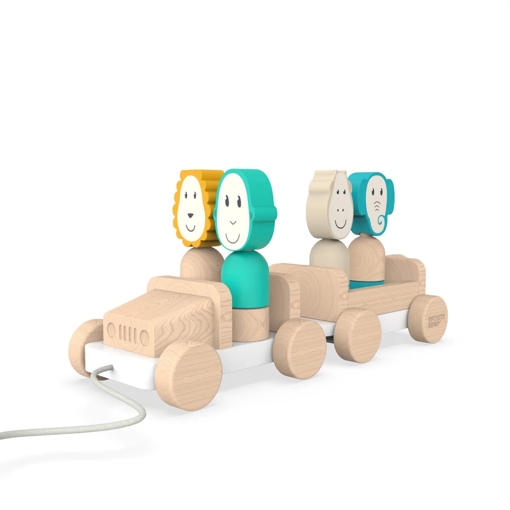 Matchstick Monkey Safari Jeep Wooden Pull-Along Toy with four animal figures fitted into the seats on a light wooden jeep and trailer, shown against a plain white background.
