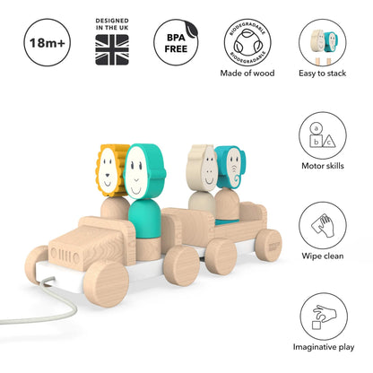 Wooden safari jeep toy with animal figures stacked in the seats, surrounded by icons showing age guidance, BPA-free material, and motor-skill benefits.