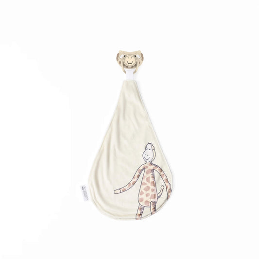 Matchstick Monkey Gigi Giraffe Soother & Comforter shown laid flat, with the silicone soother attached to the top and the soft cream comforter draping down featuring a friendly giraffe illustration.