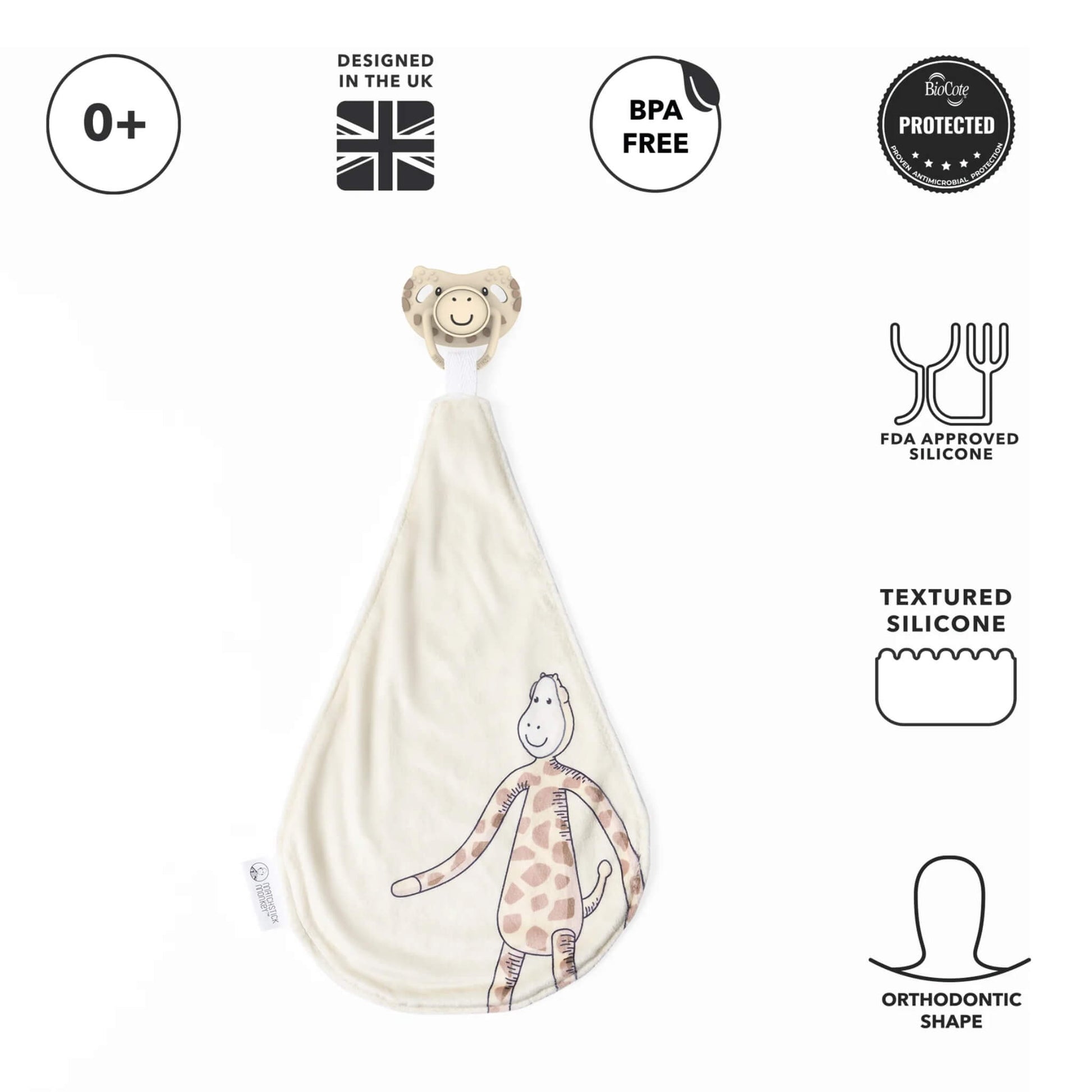 Cream giraffe comforter positioned beneath icons showing material details such as BPA-free, FDA-approved silicone and textured features, with the silicone soother attached at the top.