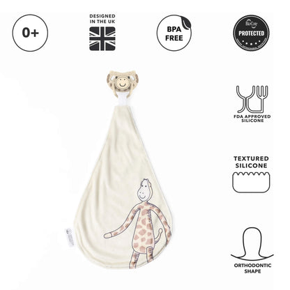 Cream giraffe comforter positioned beneath icons showing material details such as BPA-free, FDA-approved silicone and textured features, with the silicone soother attached at the top.