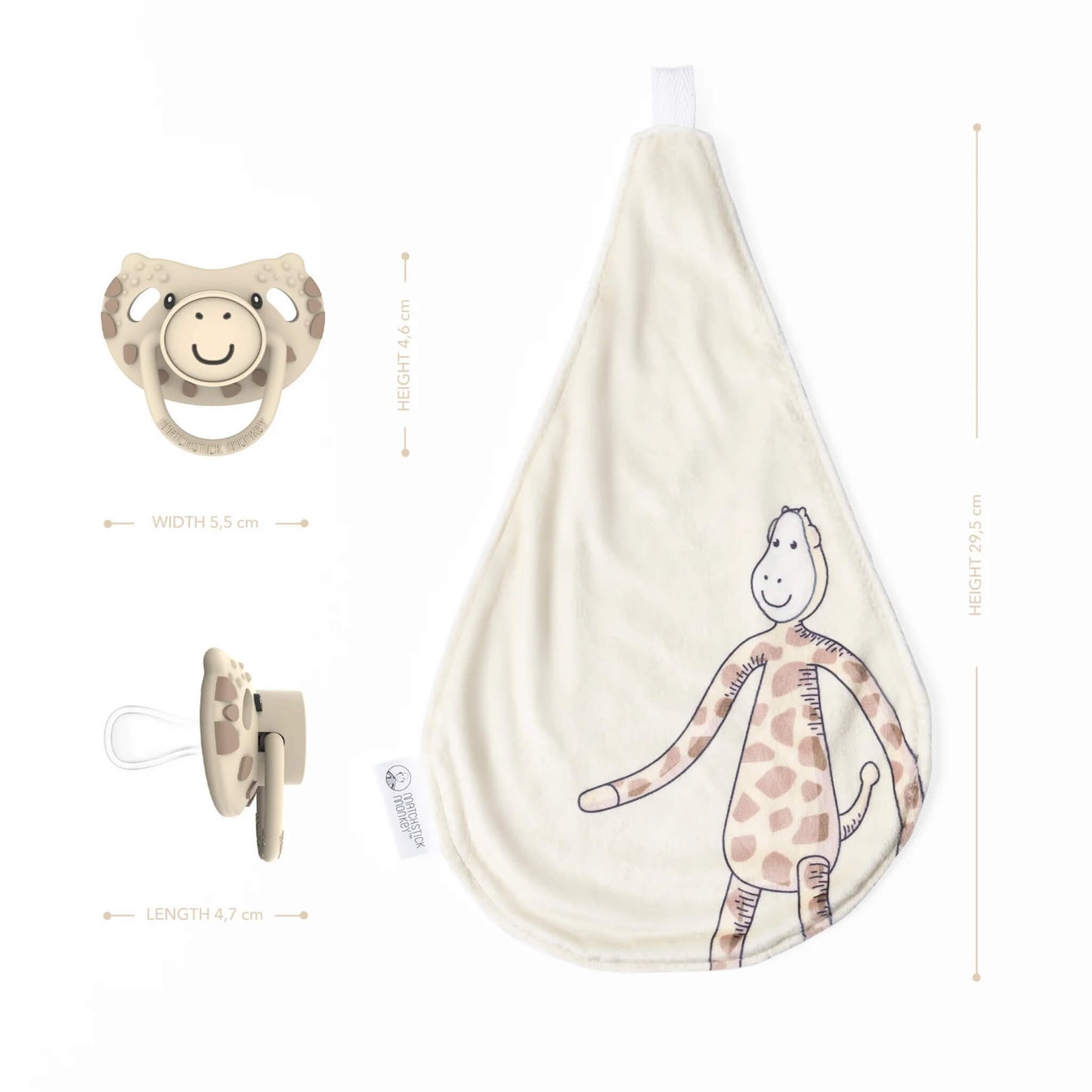 Cream comforter with attached giraffe-shaped silicone soother shown alongside measurements for both pieces, displayed against a plain background.