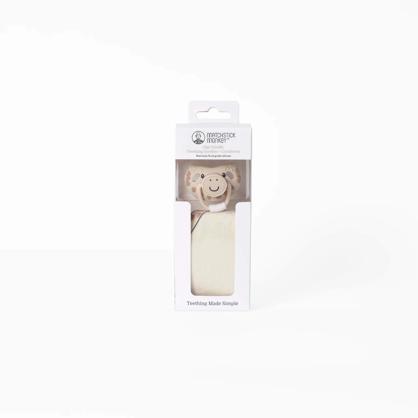 Packaged giraffe-themed soother and matching comforter displayed inside a tall white retail box with a clear window.