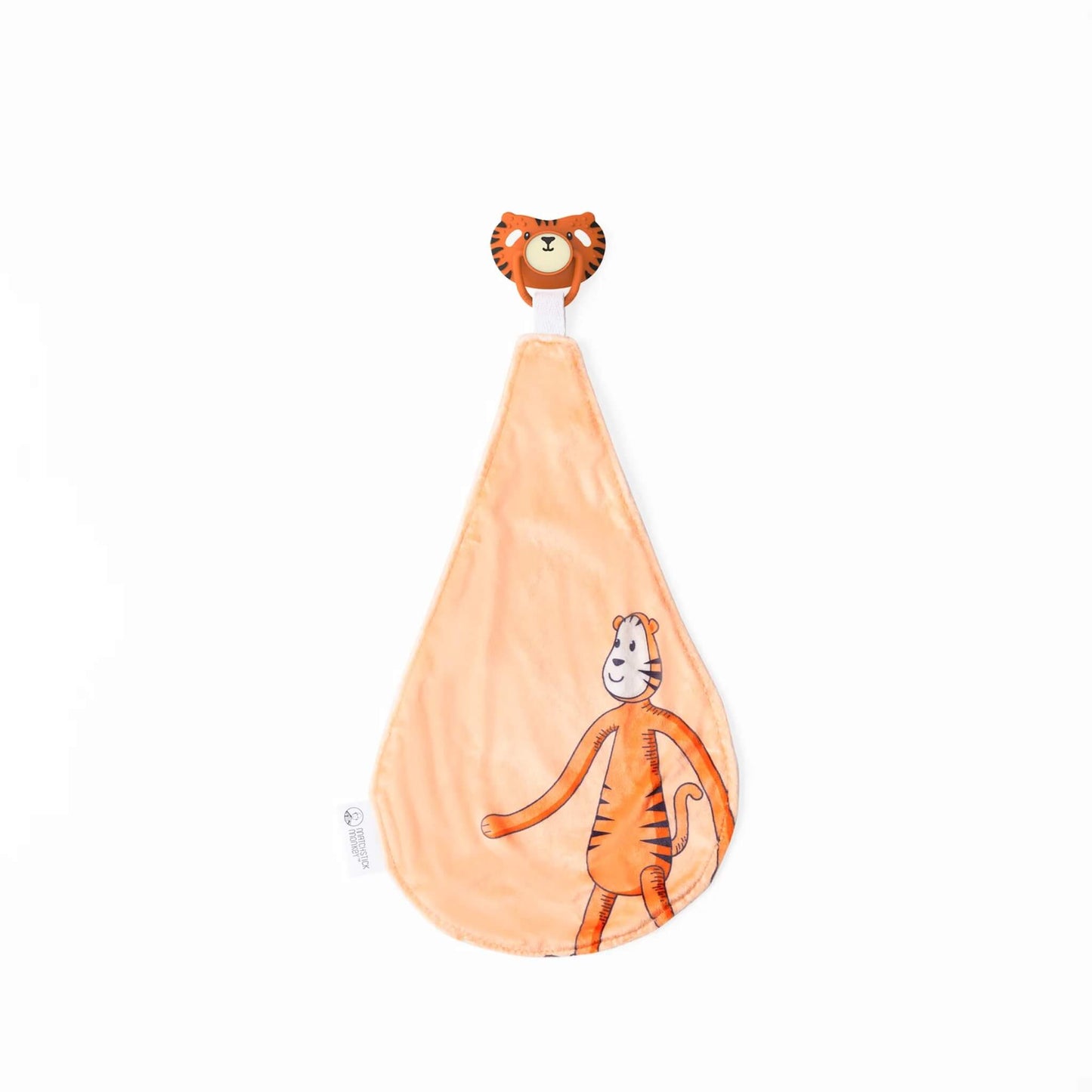 Matchstick Monkey Soother and Comforter Teddy Tiger shown with the soft orange comforter attached to the silicone soother, featuring the tiger character illustration.