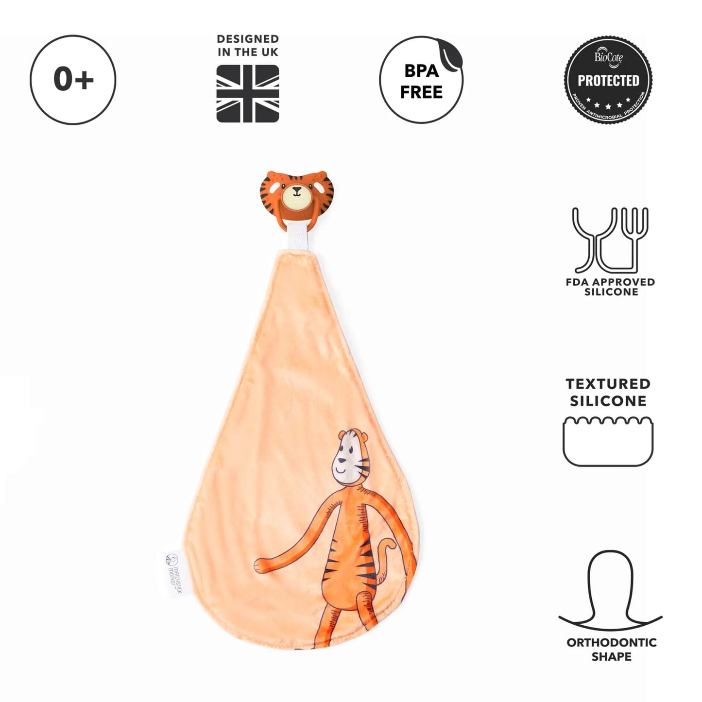 A soft orange baby comforter laid flat with printed tiger character, shown alongside a tiger-shaped silicone soother and icons highlighting product features such as textured silicone and an orthodontic teat shape.