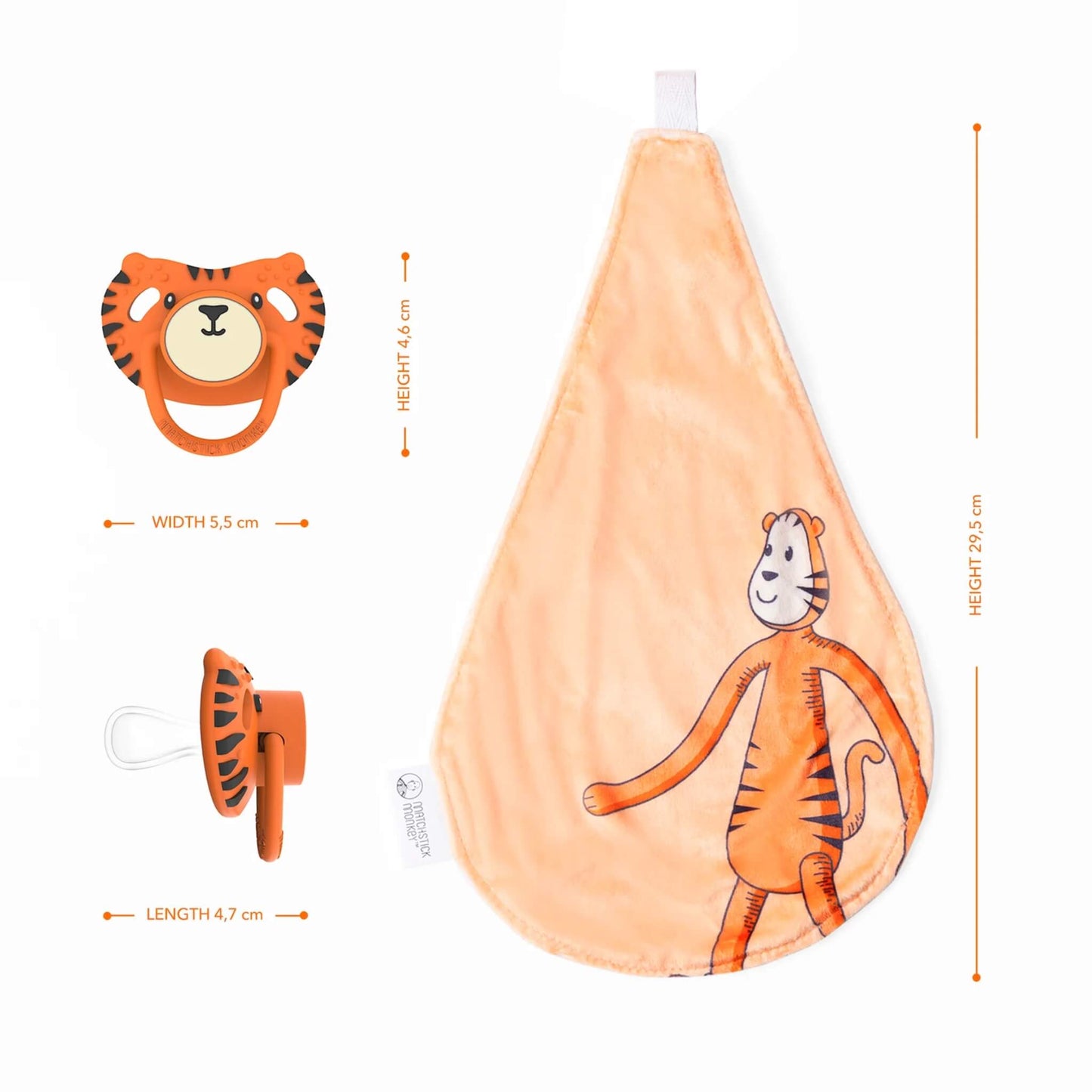 A close-up layout showing the orange comforter next to the tiger-face silicone soother with measurements for both items displayed around them.