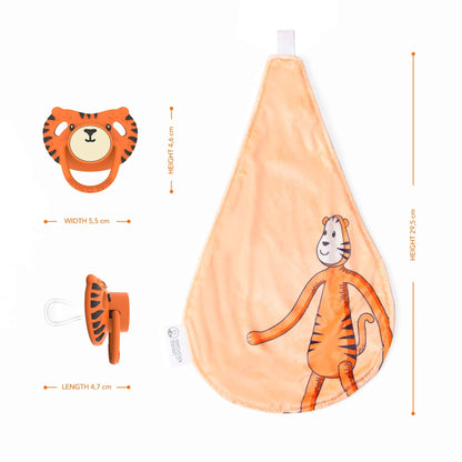 A close-up layout showing the orange comforter next to the tiger-face silicone soother with measurements for both items displayed around them.