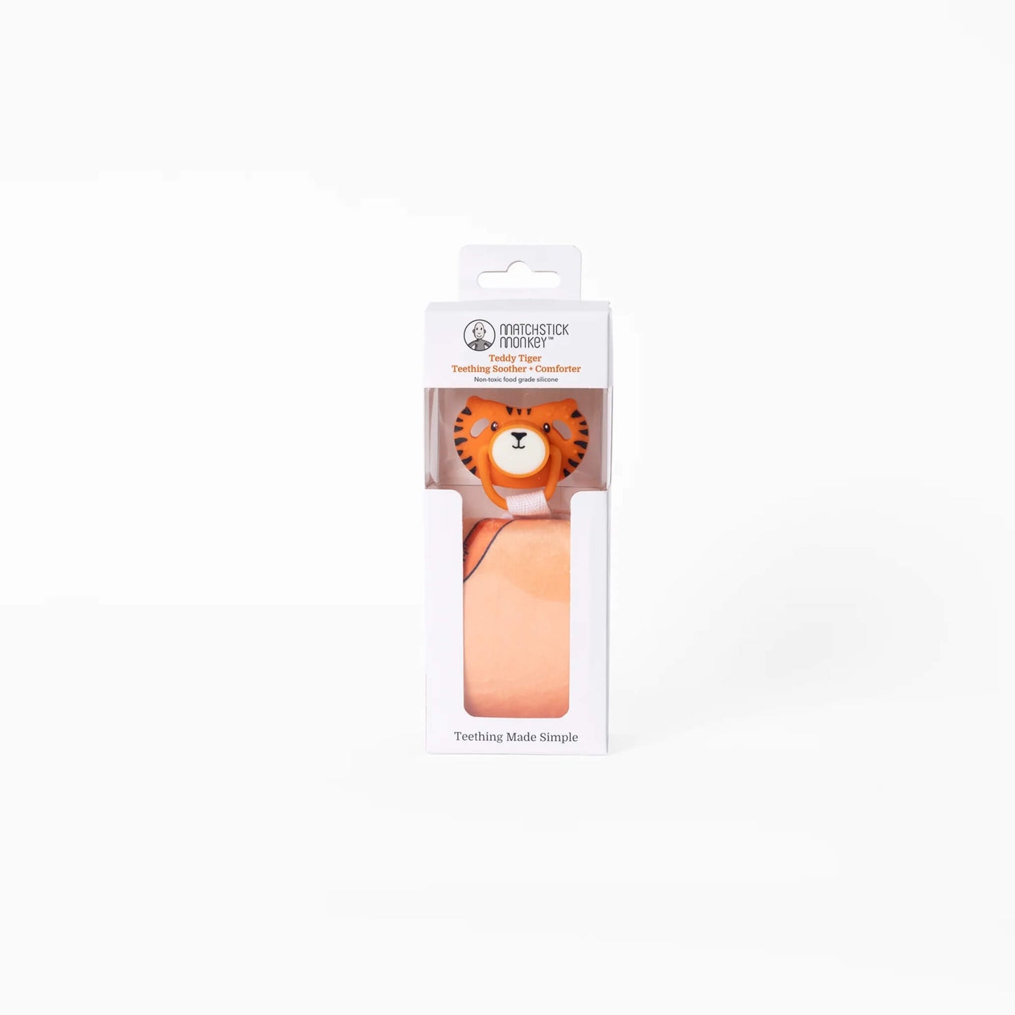 The Teddy Tiger soother and comforter packaged inside a tall white presentation box with a clear window revealing the character-themed silicone soother at the top.