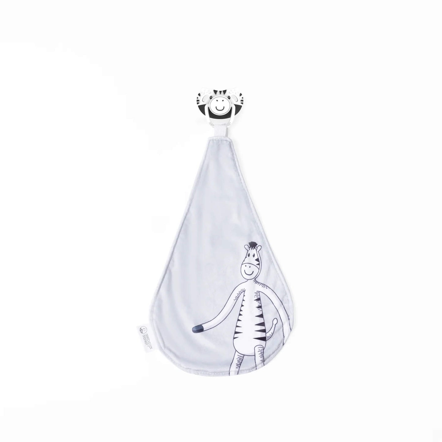 Matchstick Monkey Zippy Zebra Soother and Comforter with its soft grey cloth and zebra-shaped silicone soother shown together on a clean white background.
