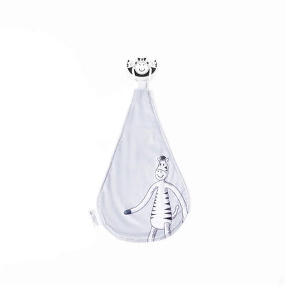 Matchstick Monkey Zippy Zebra Soother and Comforter with its soft grey cloth and zebra-shaped silicone soother shown together on a clean white background.