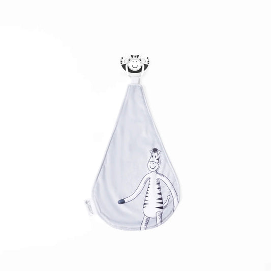 Matchstick Monkey Zippy Zebra Soother and Comforter with its soft grey cloth and zebra-shaped silicone soother shown together on a clean white background.