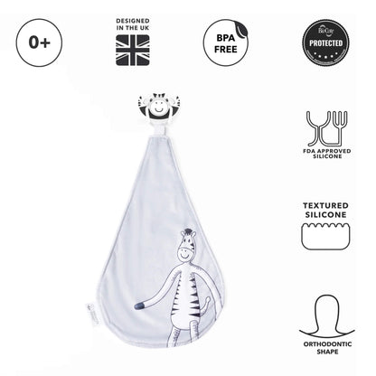 Grey comforter cloth attached to a zebra-shaped silicone soother, shown upright with icons highlighting BPA-free silicone, antimicrobial protection and orthodontic teat shape.