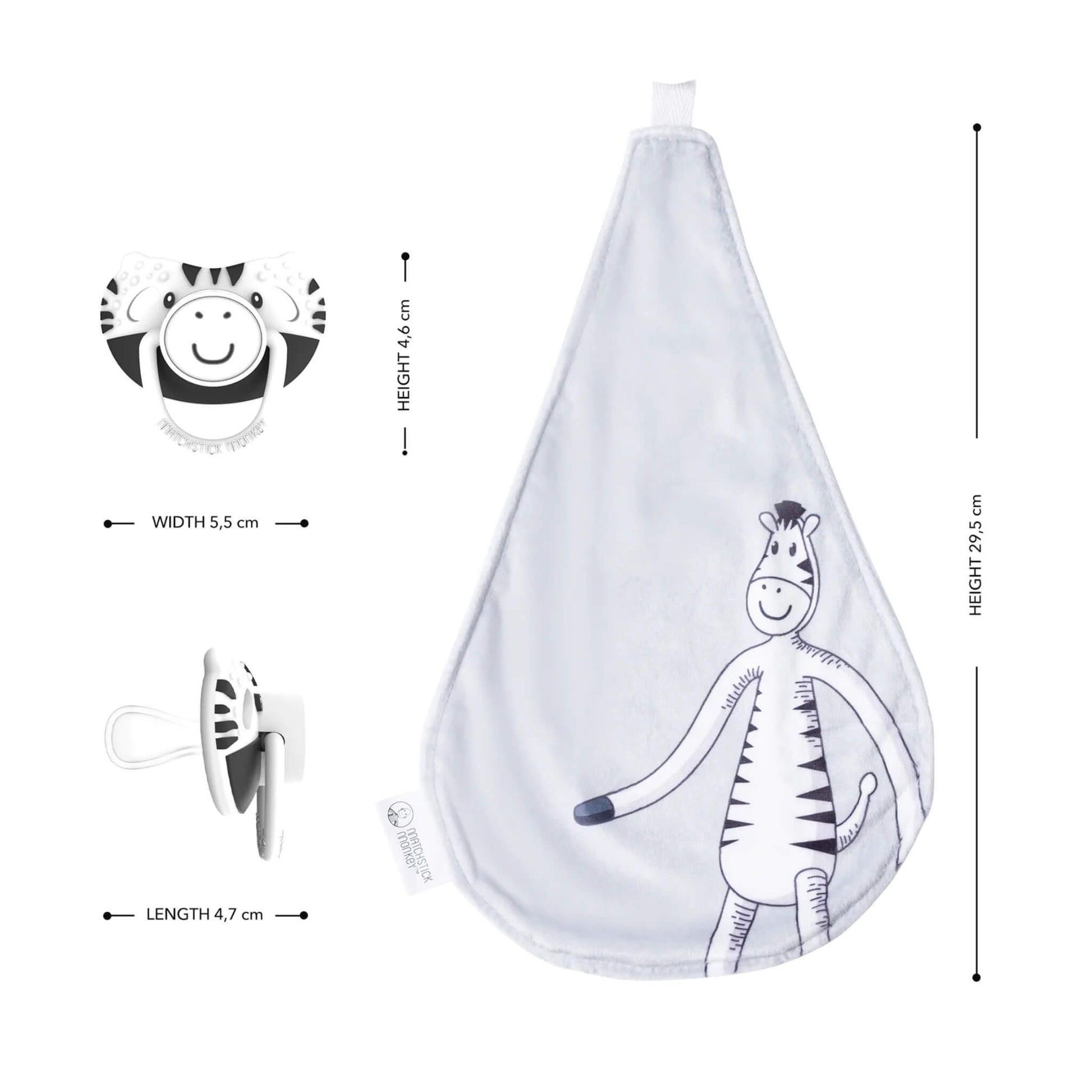 Grey comforter laid flat next to the zebra-shaped silicone soother, with measurements indicating the size of both pieces.