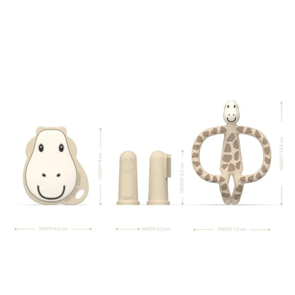 A flat teether, two finger toothbrushes, and a giraffe-shaped teether positioned side by side with height and width measurements displayed around each item.