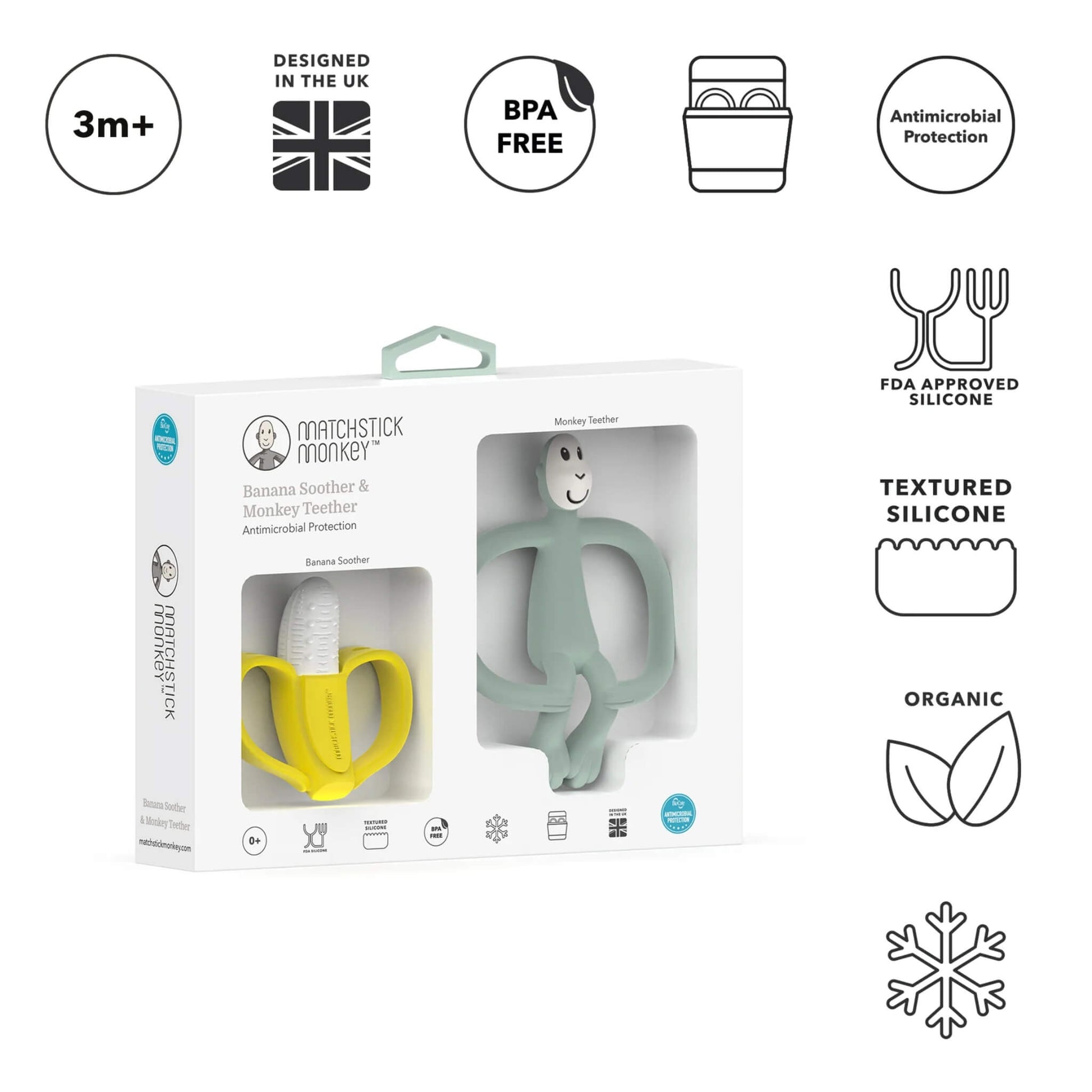 A product box and teether duo placed on a white background with icons above showing BPA-free, antimicrobial, dishwasher safe, textured silicone, organic and 3-month suitability.