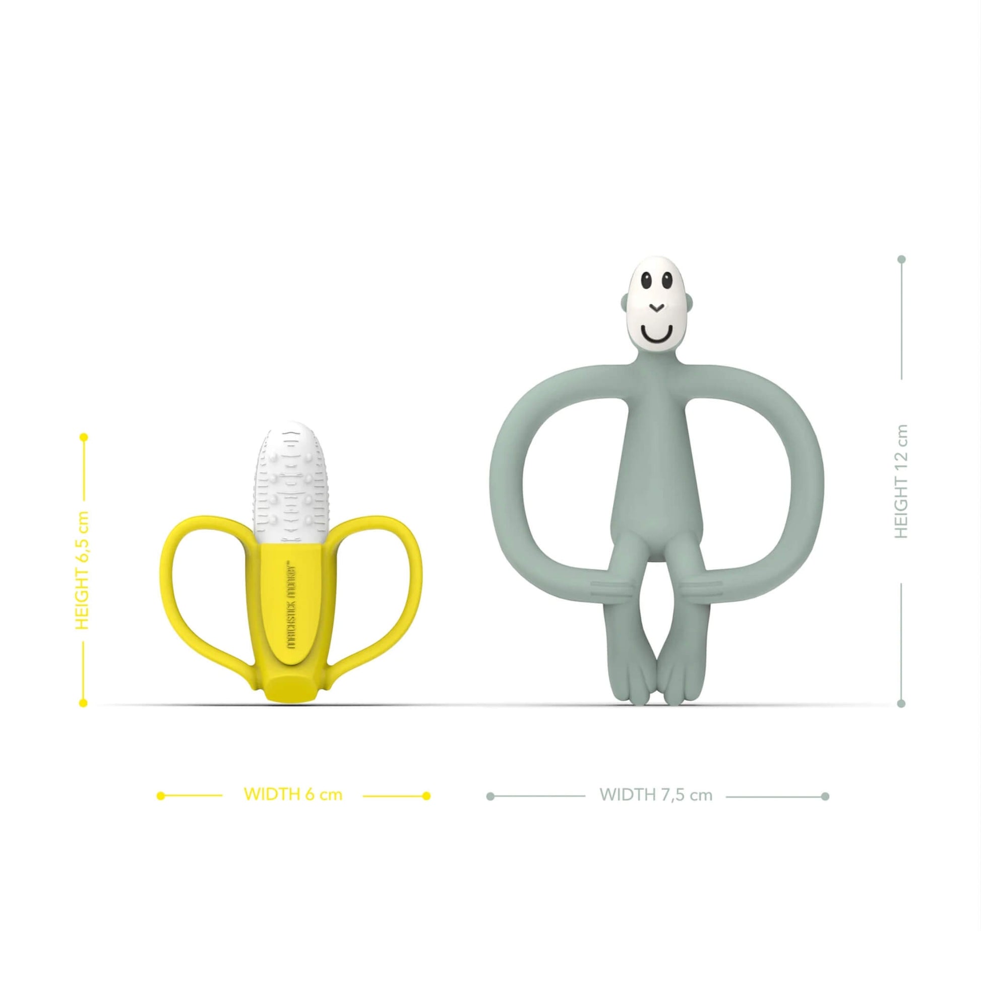 A yellow banana soother and sage green monkey teether displayed side by side with height and width measurements shown around each item.