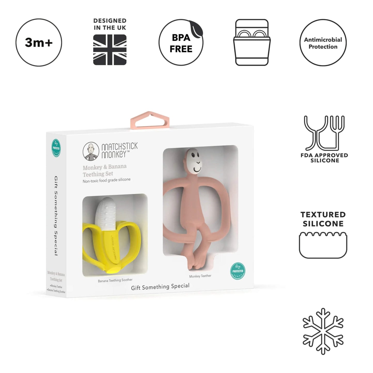 The dusty pink teether and banana soother set in its retail box displayed alongside icons showing age suitability, BPA-free material, antimicrobial protection, textured silicone and food-grade safety.