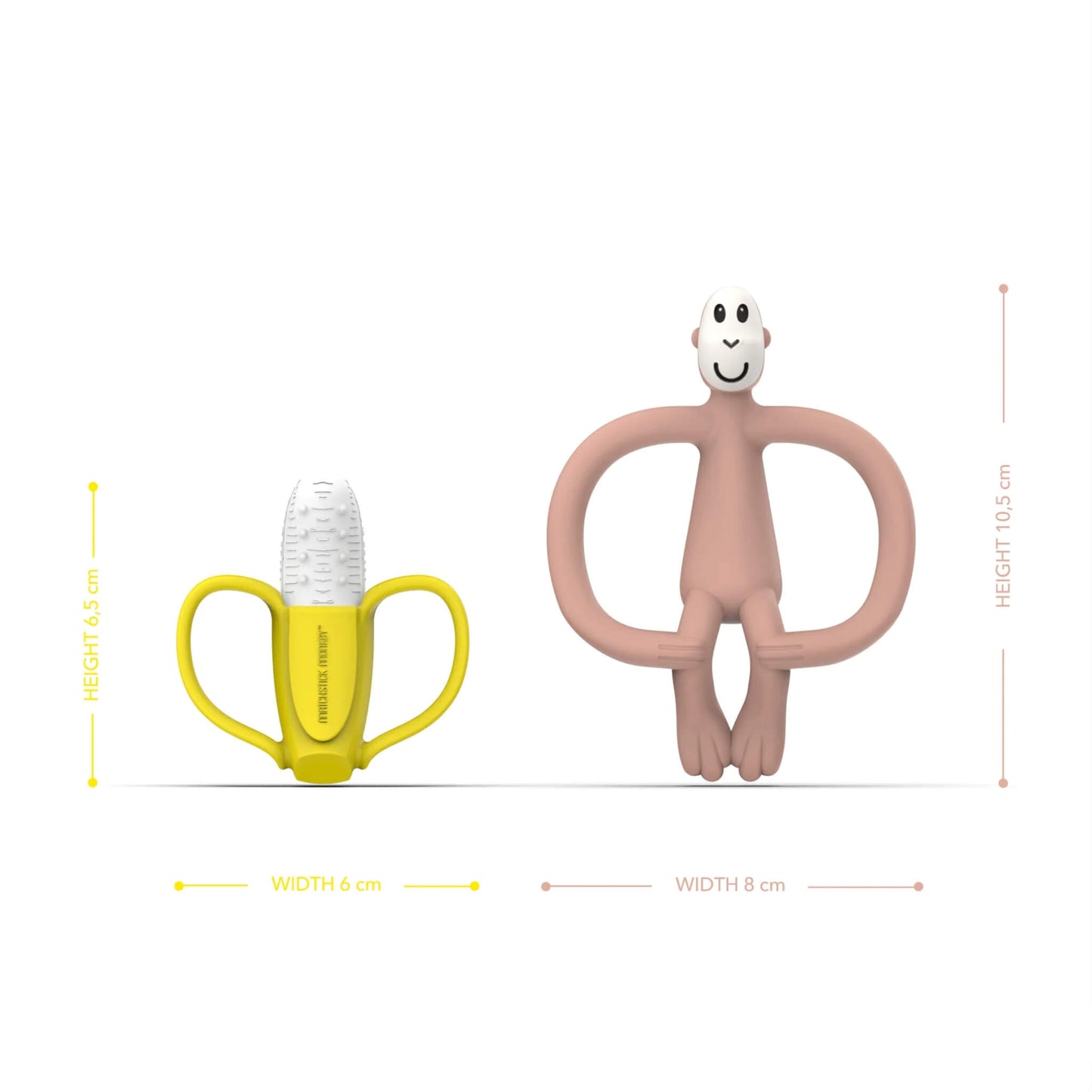 A size guide graphic showing the yellow banana soother and dusty pink monkey teether with dimensions indicated for height and width.