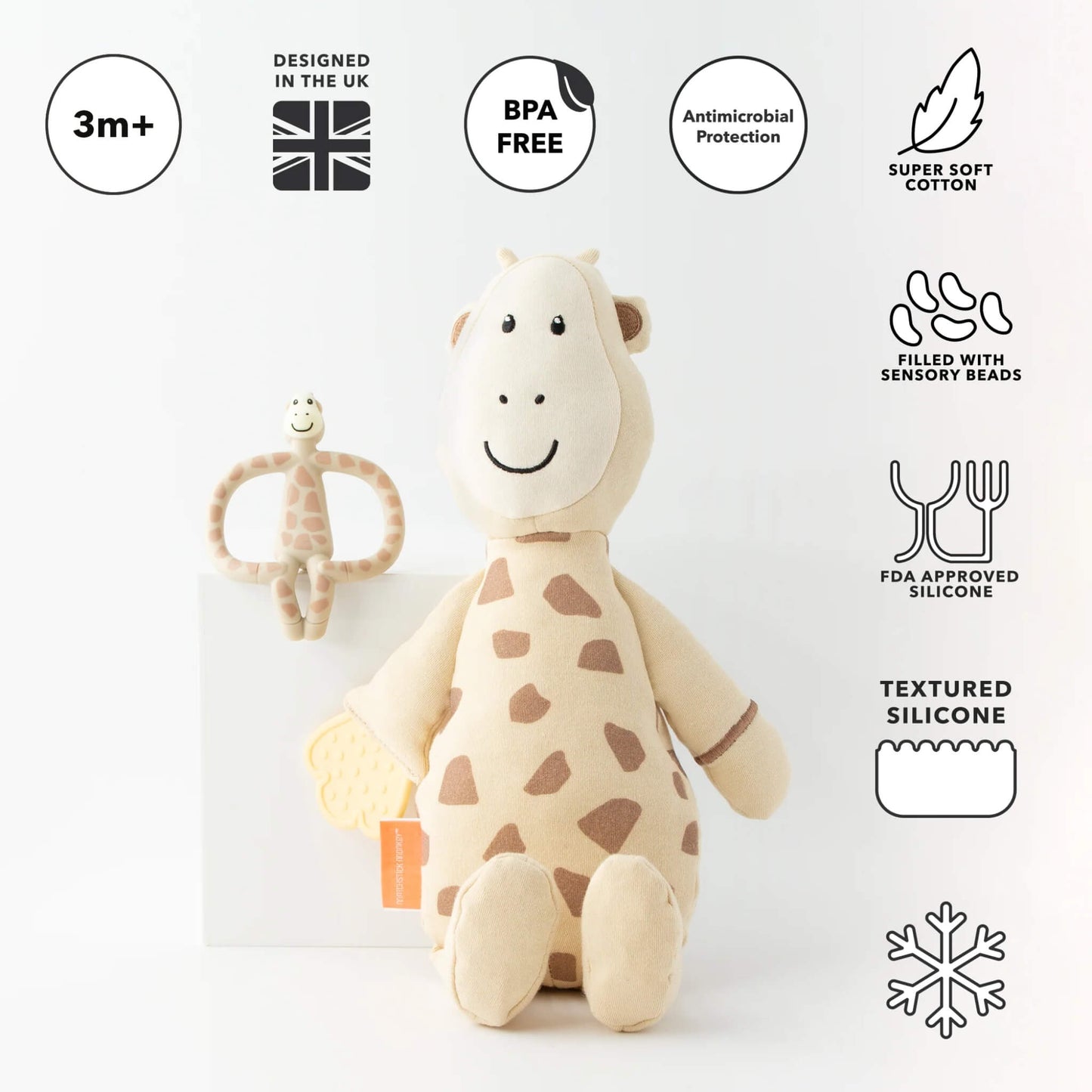 Soft giraffe comfort toy and matching teething ring gift set shown with icons highlighting BPA-free silicone, antimicrobial protection and sensory features.