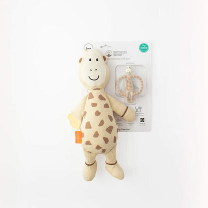 Soft giraffe comfort toy and matching giraffe teething ring displayed in retail gift packaging.
