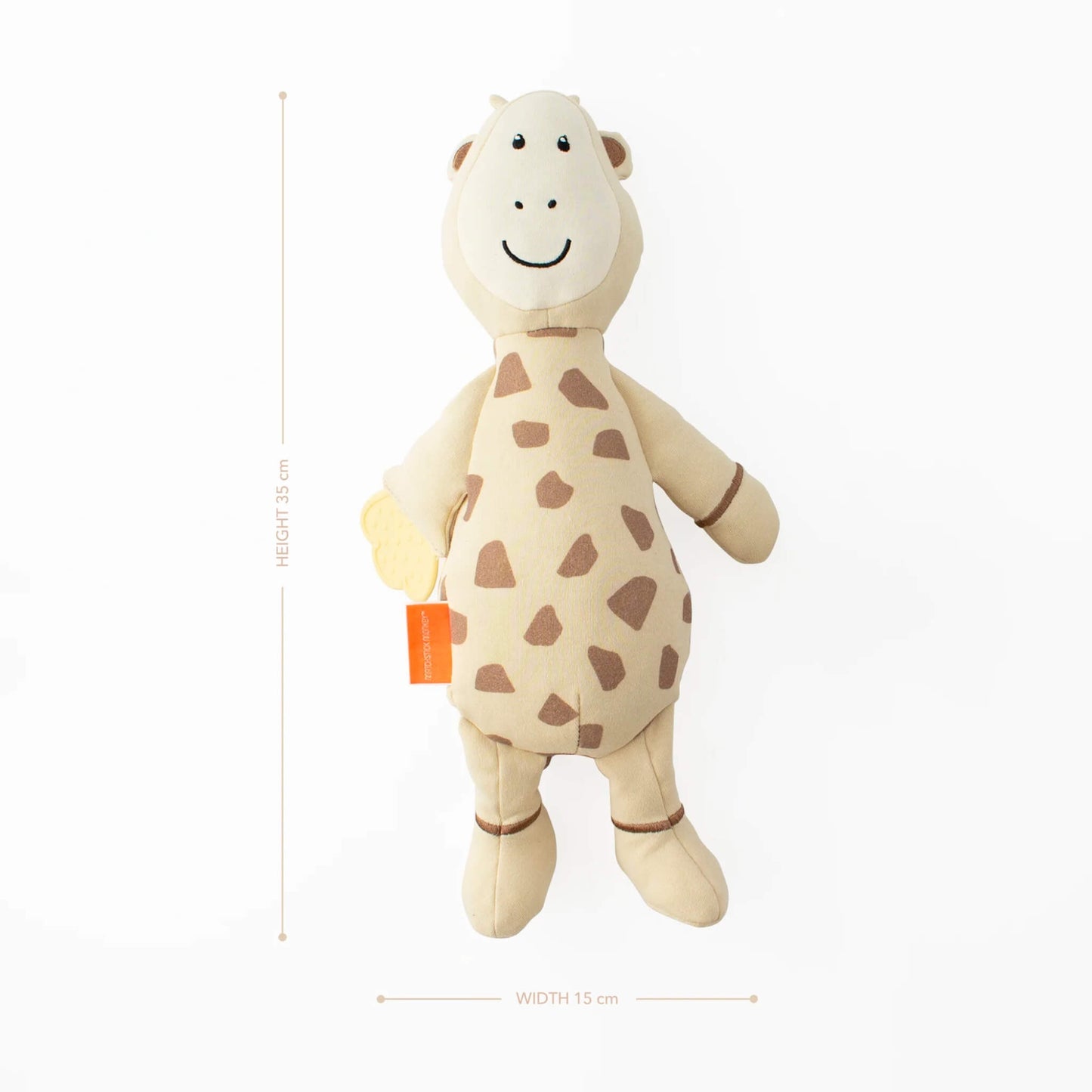 Soft giraffe comfort toy with textured silicone teether showing product dimensions of 35cm high and 15cm wide.