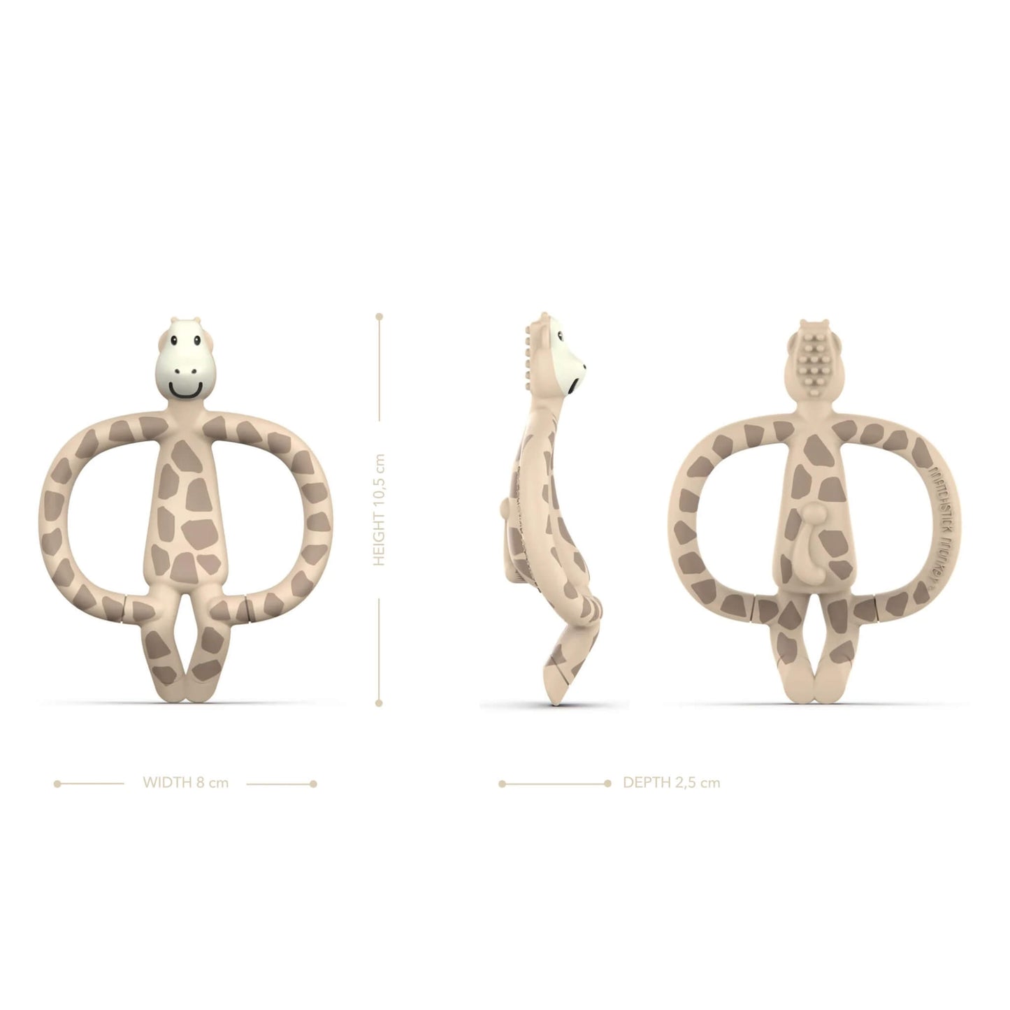 Giraffe-shaped silicone teething ring shown from front, side and back views with product dimensions and textured chewing surfaces.