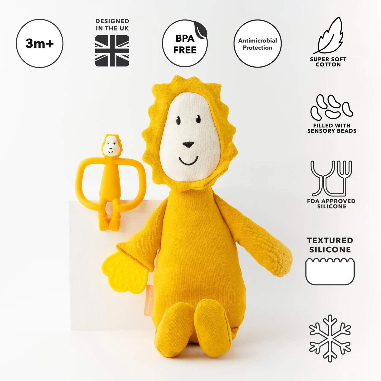 A soft lion sensory toy and silicone lion teether with icons highlighting BPA-free materials, antimicrobial protection and sensory features.