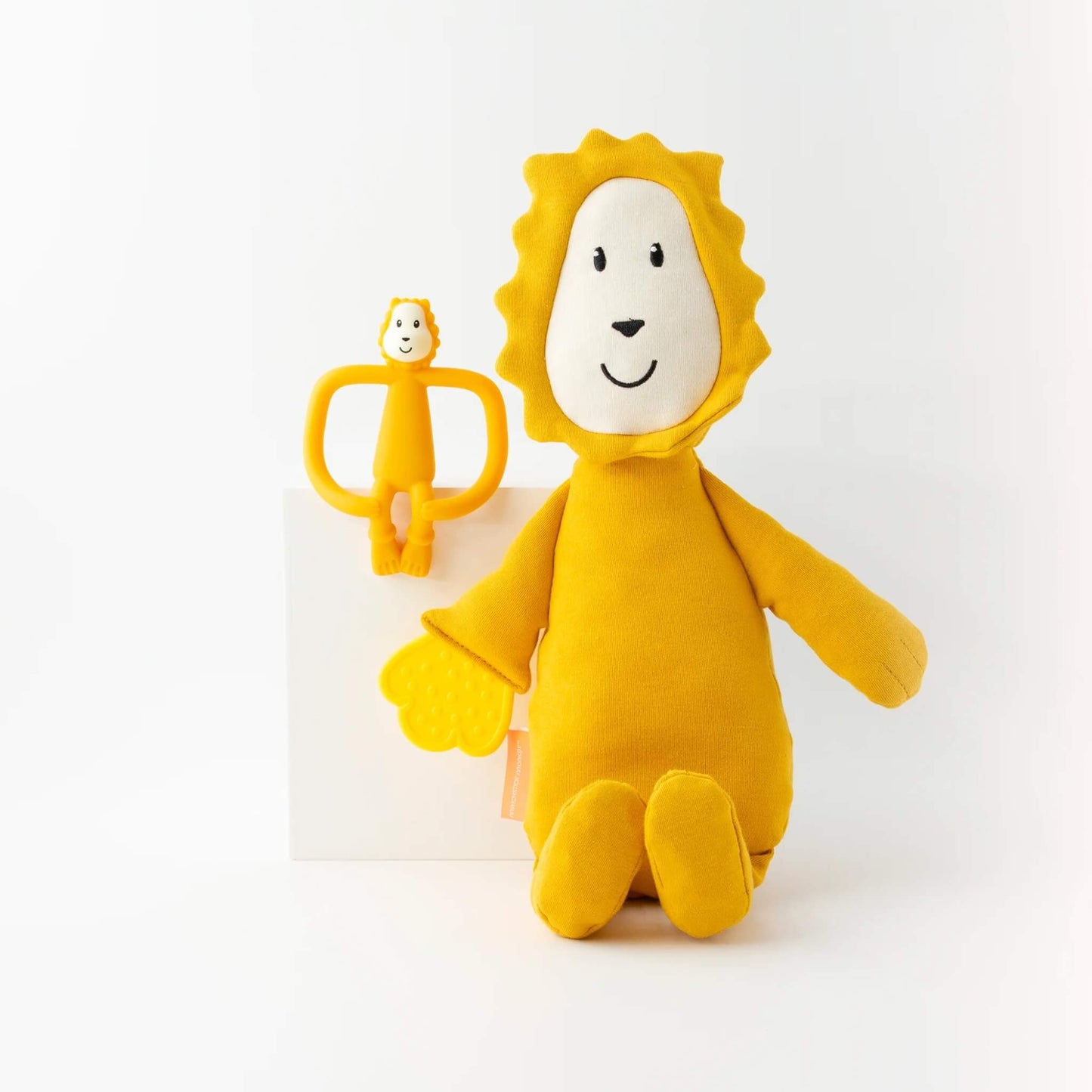 A Matchstick Monkey Sensory Teething Teddy Set featuring a soft lion comfort toy with attached textured teething leaf and matching silicone lion teether.